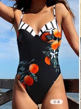 Cupshe Orange Angel Black One-Piece Swimsuit  Print and Striped Straps Small